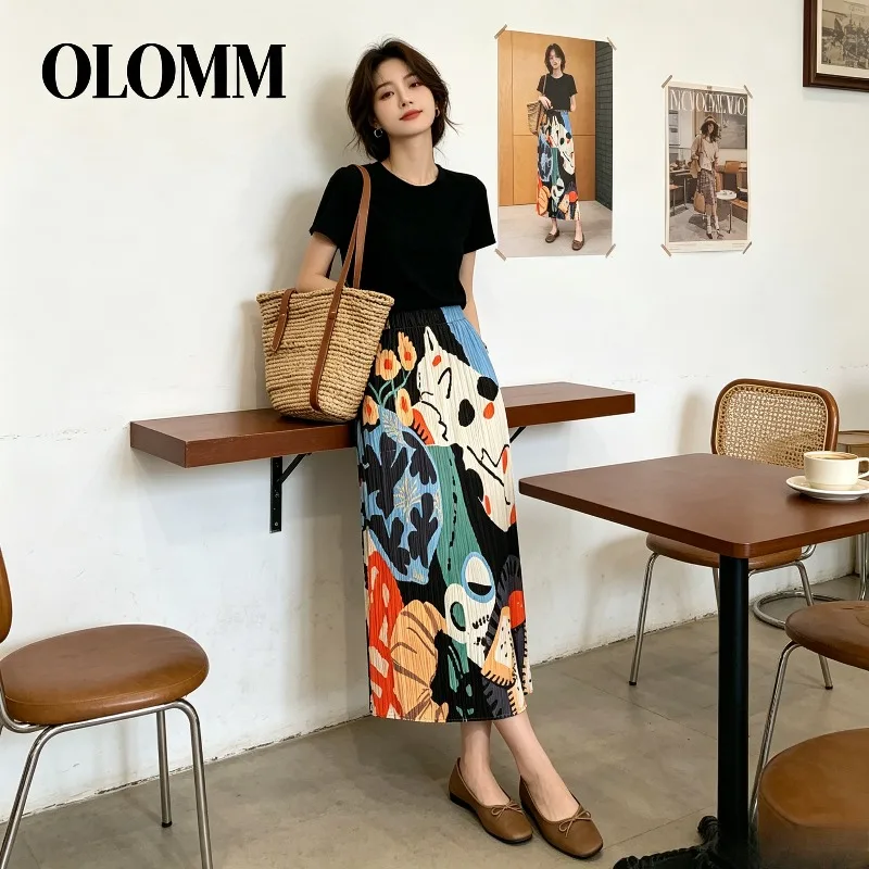 Miyake Pleated 2026 Cartoon Print Dopamine Colorful Skirt Women Summer High Waist Versatile Pleated Artistic Half Skirt Pleat