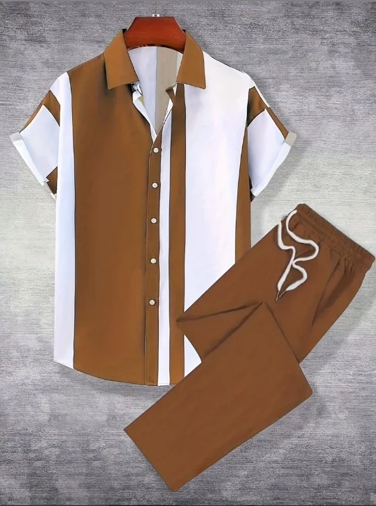 2025 Autumn Simple Striped 3D Printed Men's Autumn Shirt Set, Urban Street Fashion Trend Men's 2pcs Set, Simple And Casual