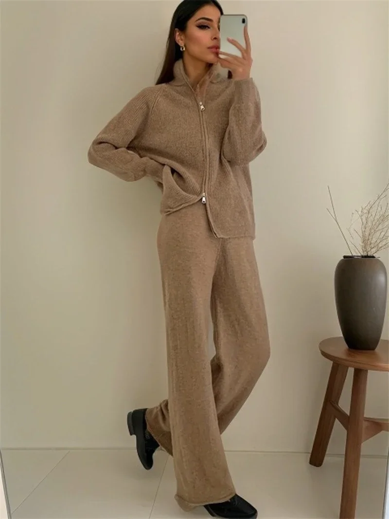 Fashion Knitted 2 Piece Sets Women Outfit Autumn Clothes Women 2024 Zipper Up Sweater Top Pant Sets Casual Sweatsuits Woman Sets