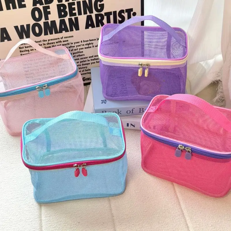 Mesh Makeup Bag Large Capacity Handbag Travel Lightweight Cosmetic Bag Storage Organizer Beach Quick Dry Cleaning Rinse Bags