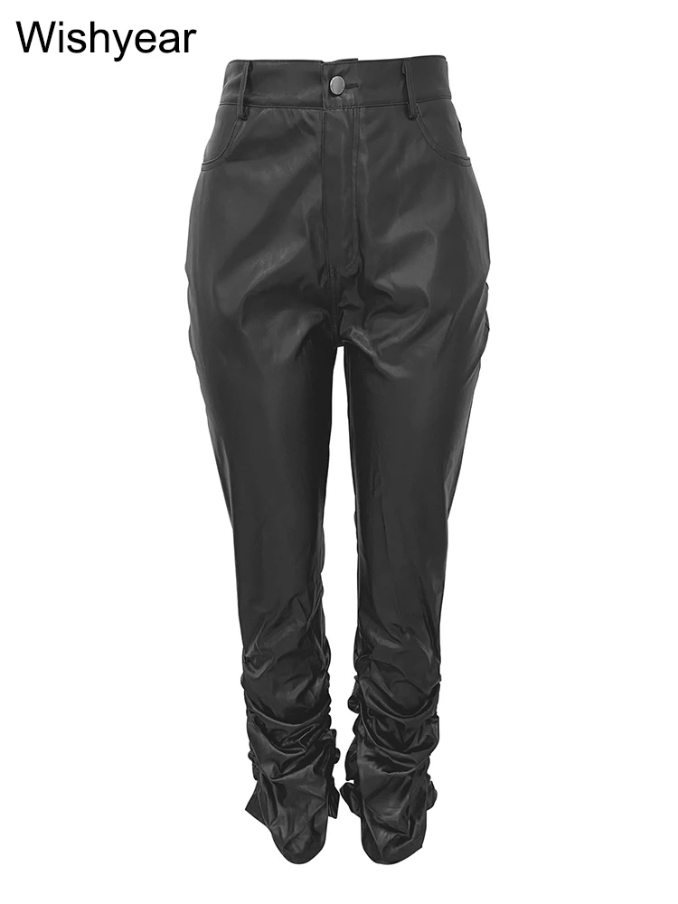 Fashion PU Faux Leather Moto Biker Stacking Pants Women's Fall Winter Warm Button Zipper Stretch Trousers Streetwear y2k Clothes