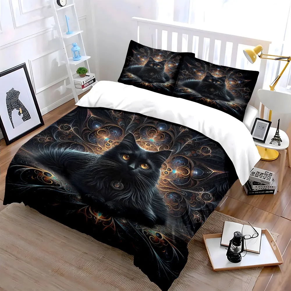 Black cat in ornate art setting Printed Duvet Cover Set 1 Duvet Cover+2 Pillowcase Multi Size Bedroom Bedding Decor