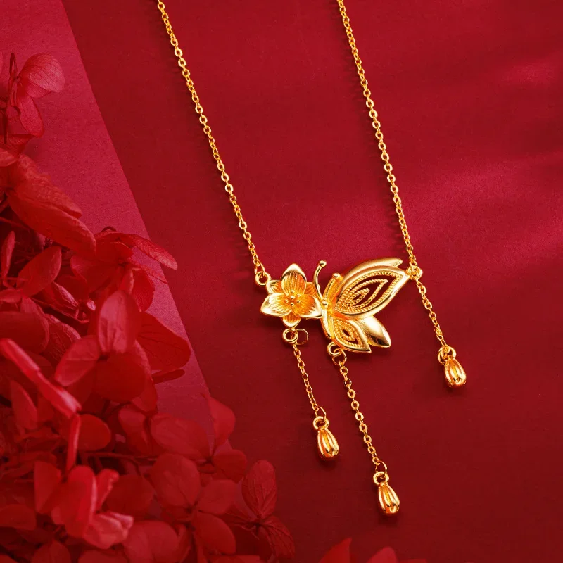 Colar de borboleta flor amarela 24K com borla, ouro real, 9999 ouro real