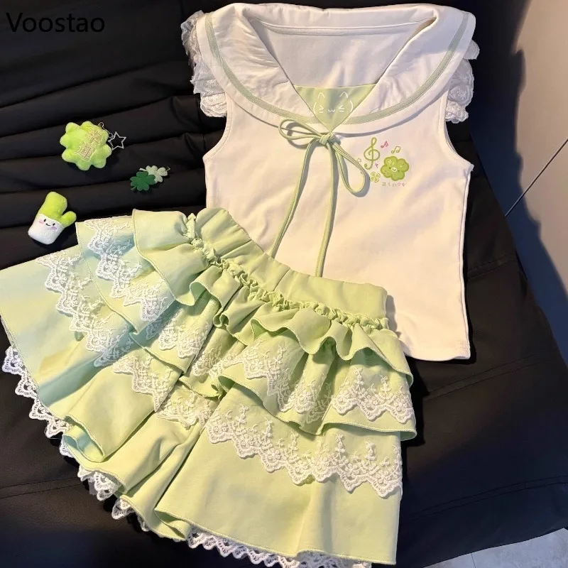 Japanese Sweet Lolita 2 Piece Sets Women Cute Sailor Collar Cartoon Print Lace T-shirts Tops Cake Mini Skirts Kawaii Y2k Outfits