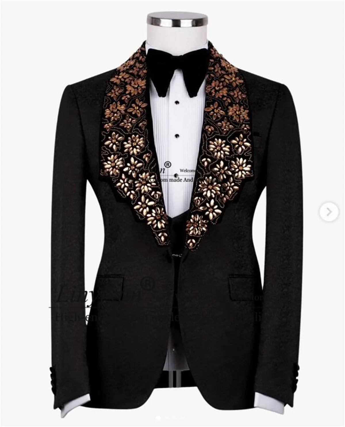 Black Tuxedo Stone Embroidery Men Suit Fashion Jacquard Male Prom Blazer 3 Pieces Sets Customized Wedding pantalones hombre