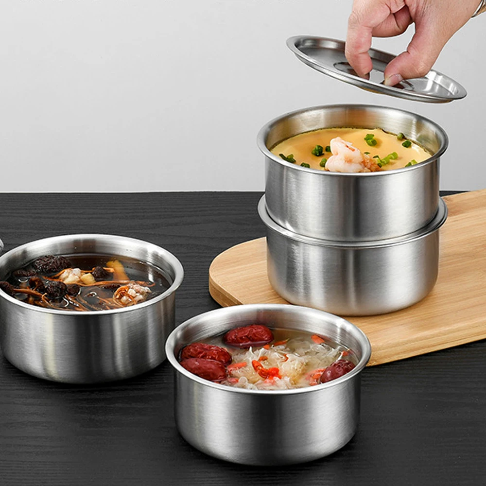 304 Stainless Steel Steamed Egg Bowl With Lids Kitchen Tableware Fruit Salad Dessert Soup Bowl Food Container Rice Noodles Bowl