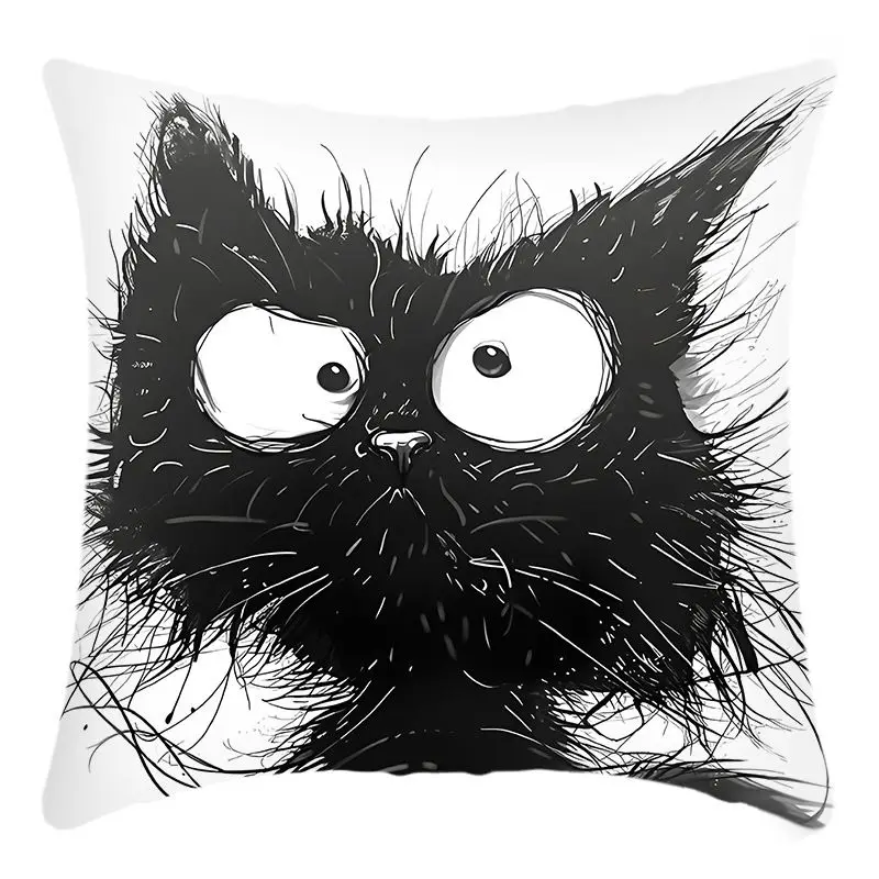 【Fluffy Cat】Schwarz-weißer, lustiger Cartoon-Kissenbezug, mit Reißverschluss und abnehmbar, waschbar, Kissenbezug für Zuhause und Wohnzimmer