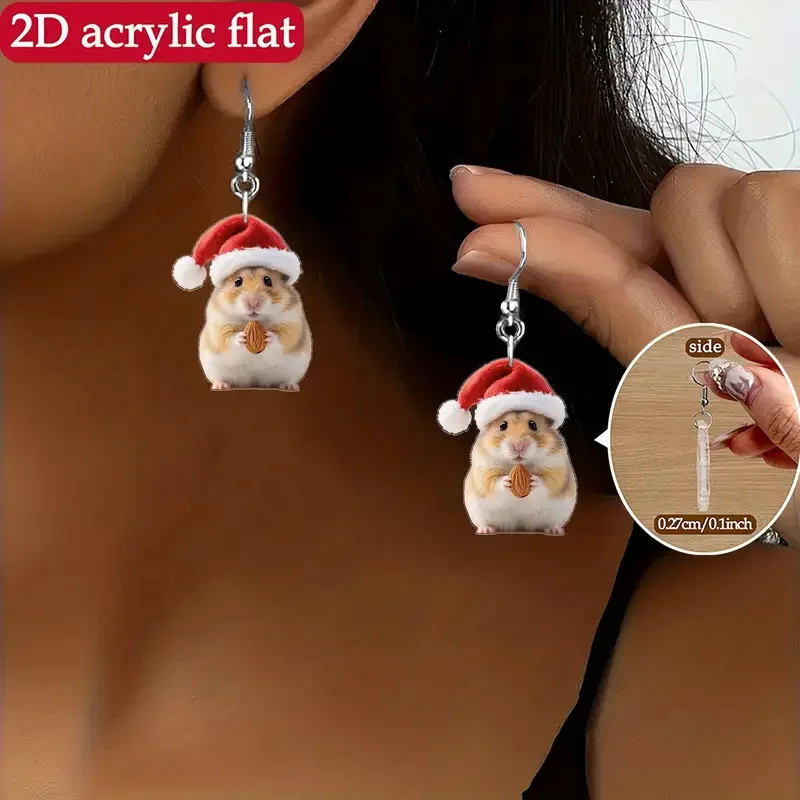 1 pair of cute hamster eating pine cone earrings flat acrylic Christmas cartoon pet hamster earrings