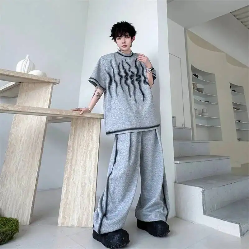 Piece Men's Two Set Summer New Loose Casual Flame Print Spray Washed Short Sleeve T-shirt And Outfit Wide Leg Pants GWXN view 2
