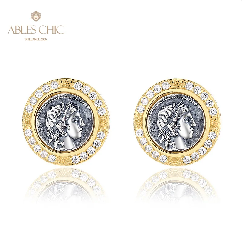 Ables Chic Apollo and the Flute Greek Coins Solid 925 Silver Roman Coin CZ Accent Stud Earrings E1028