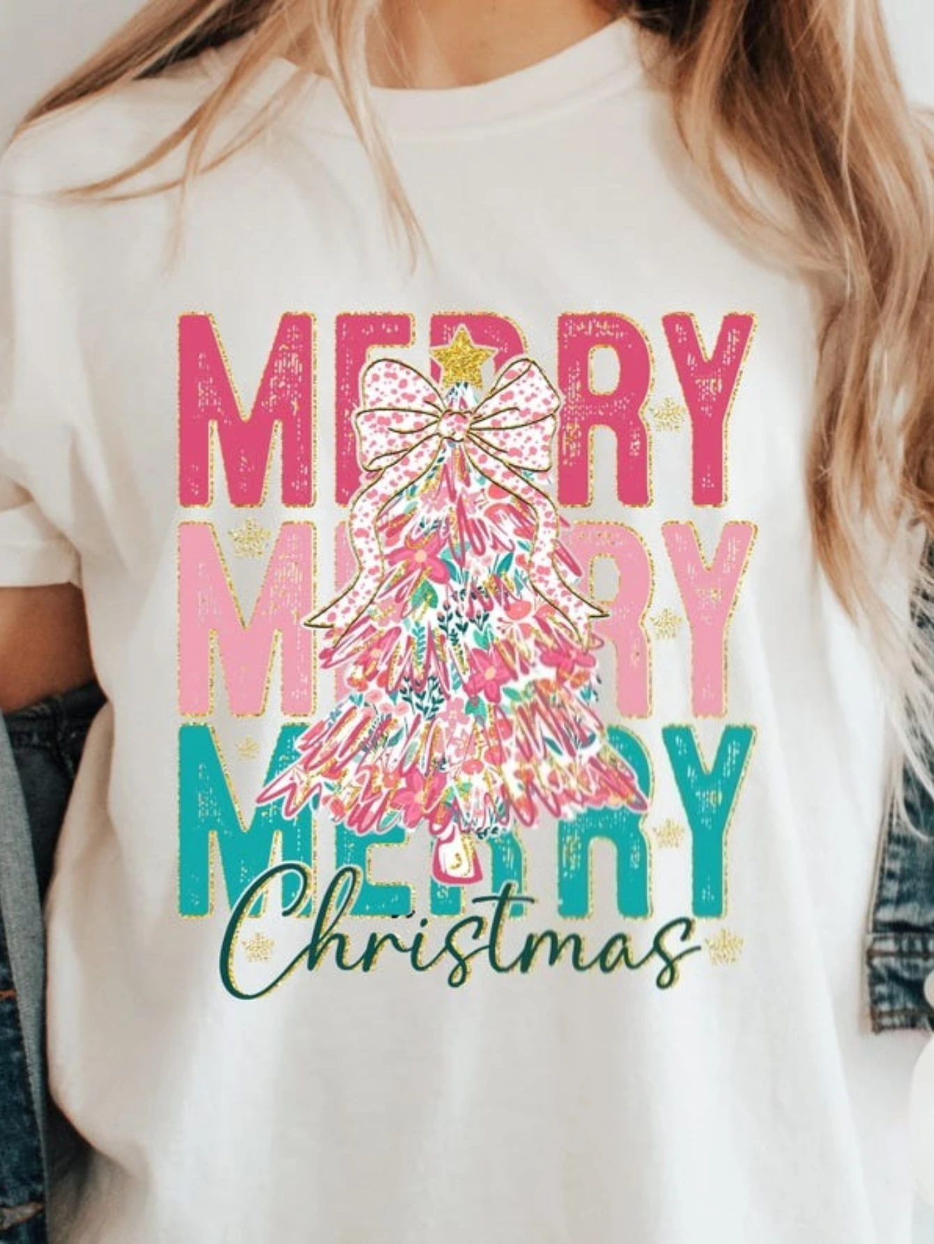Merry Merry Merry Christmas T-Shirt Cute Holiday Shirt Pink Christmas Tree Shirt Festive Christmas Outfit Colorful Christmas Gift, Durable Fabric Shirt, Festive Holiday Graphic Tee, Christmas Gift for Mom Dad Friends Or Yourself, 100%
