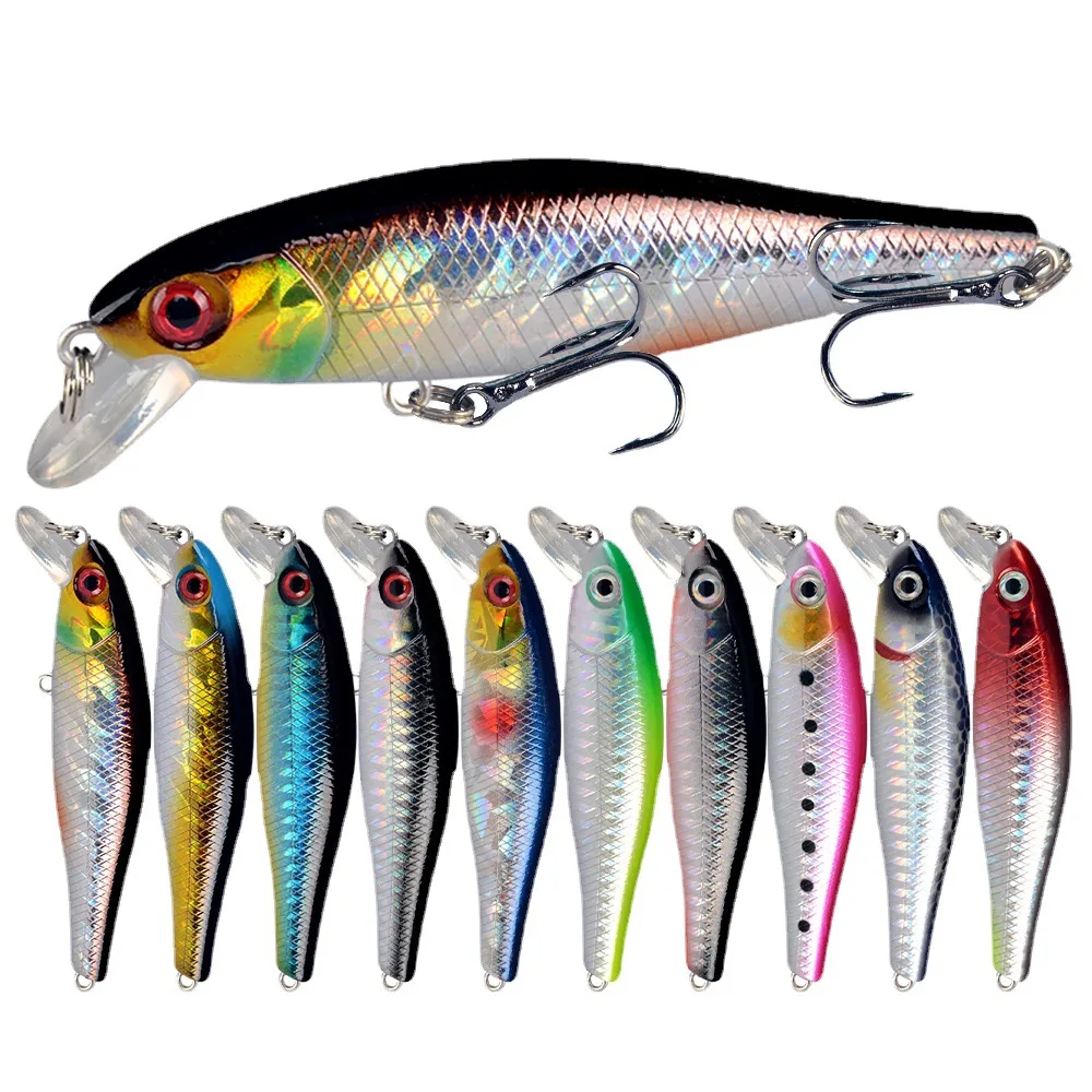 

8.5cm 9.2g Floating Minnow Lure 3D Eyes Rattling Balls 6# Treble Hooks Long Swimming Action Hard Baits For Bass