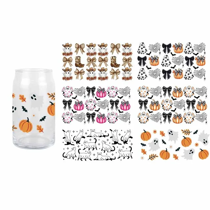 

Halloween Bowknot UV DTF Transfer Sticker Spooky Wraps Cup 16 OZ Glass Cup Ghost Cartoon Cute Libbey Decals