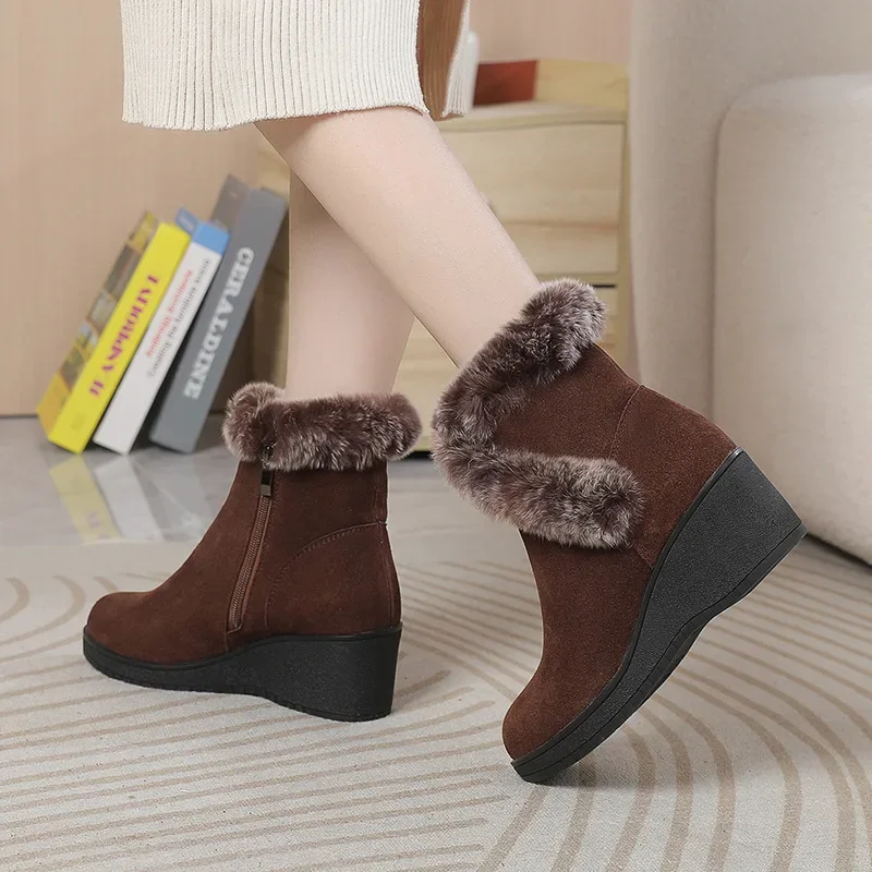 ZXRYXGS-Botas de pele de coelho para mulheres, confortáveis botas de neve, cunhas elegantes, high-end, superior, inverno