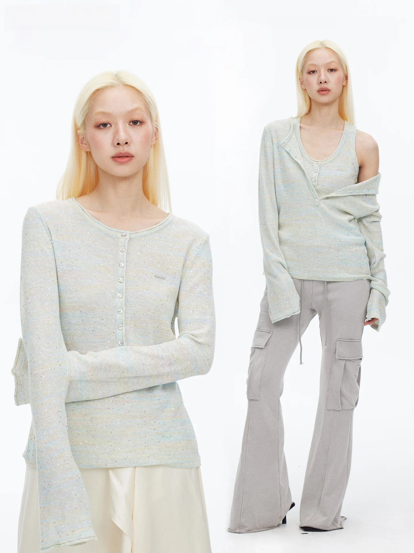 

HORAHORA Dongxuan Mint Green Mixed Color Sequin Knit Vest Henry Collar Bell Sleeve Casual Style Slim Fit Cotton Blend Top
