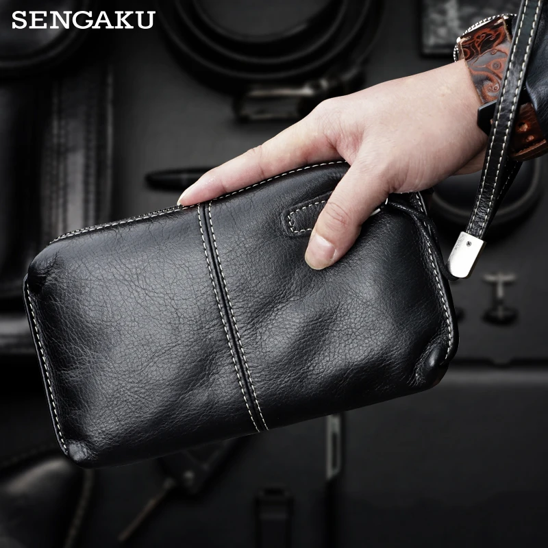 Men\'s Leather Handbag Day Clutches Bag Genuine Leather Clutch Bags High Quality Long Wallet Passport Card Slot Pocket Zipper