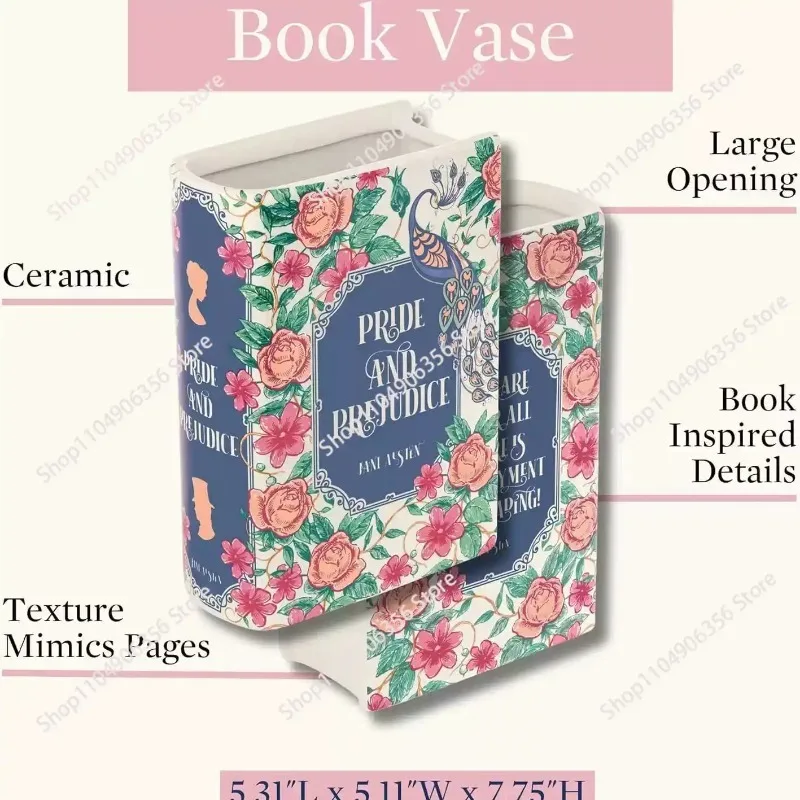 Ceramic Book Vase Pride and Prejudice Cute Bookshelf Decor Unique Gift for Book Lovers Home Interior Wall Shelf Decoration House