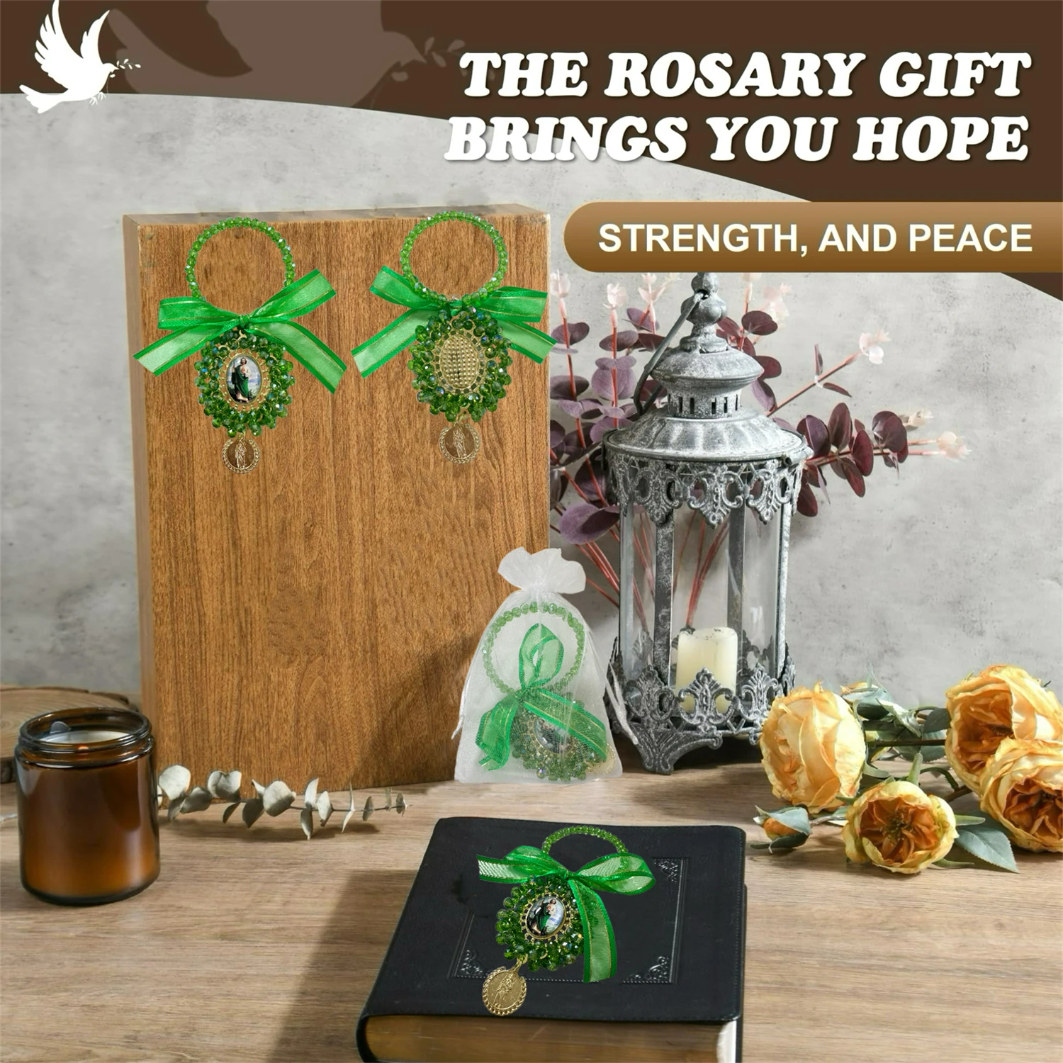 4PCS Organza Bags with Saint Jude/Virgin Mary Medal Door Hanger ,Rosary Catholic Gifts Set for Car Hanging Charm Home Door Hange
