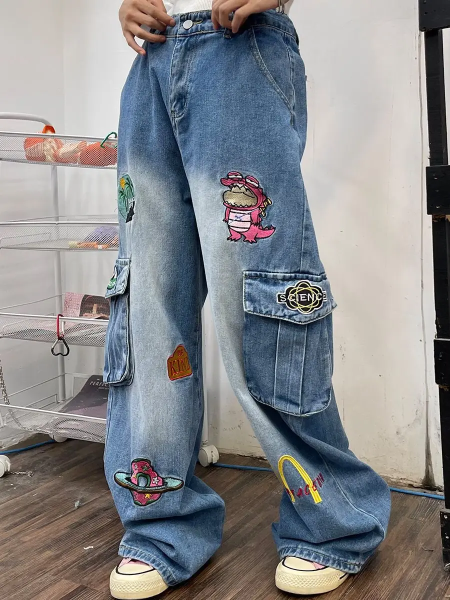 Women Blue Graffiti Overalls Jeans Hip Hop Streetwear High Waist American Wide Leg Pants Fashion Female Winter Straight Trousers