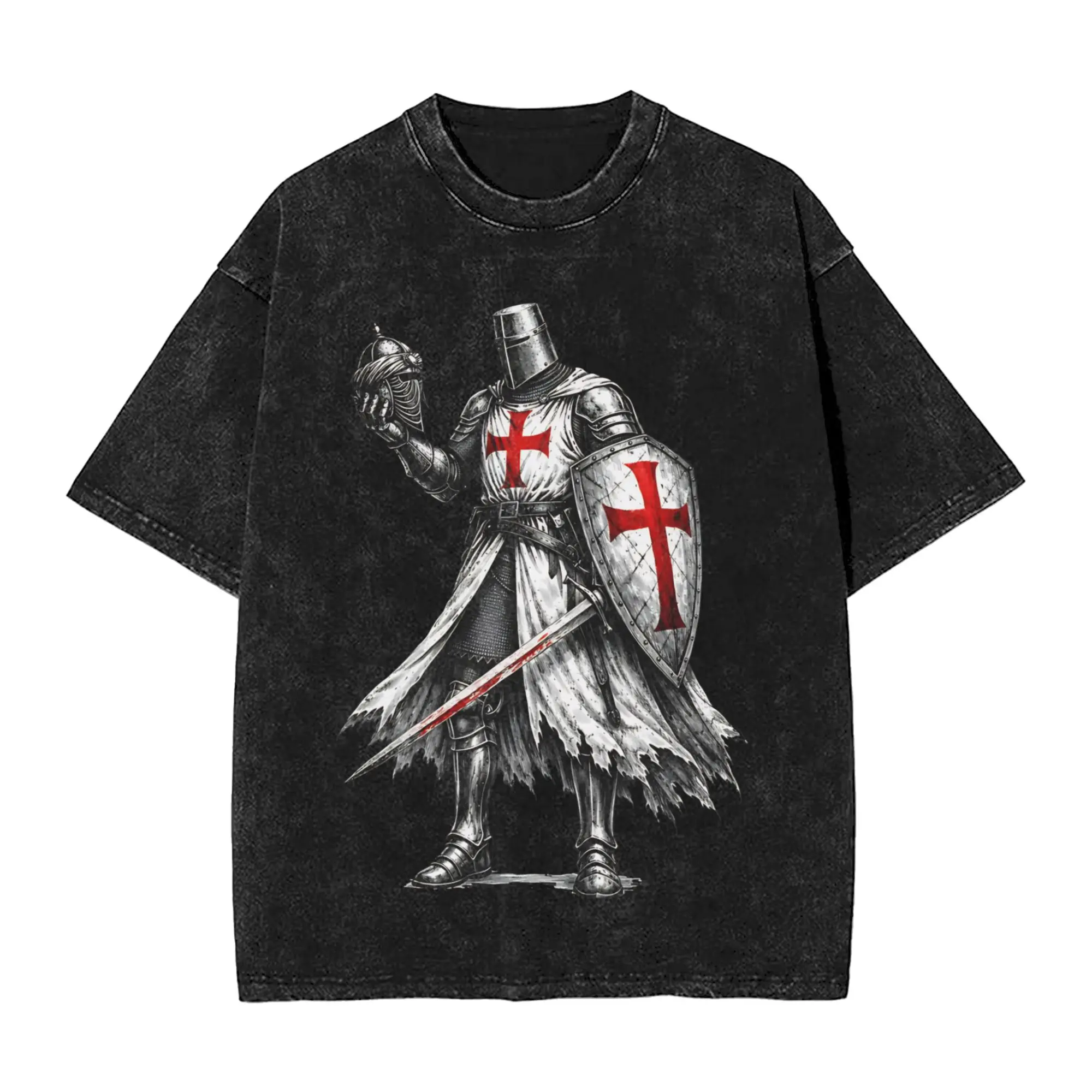 Crusader knight Templar Cross Knights Outfit Washed T Shirts for Men Women Streetwear Hip Hop T-Shirt Summer  Tees Tops