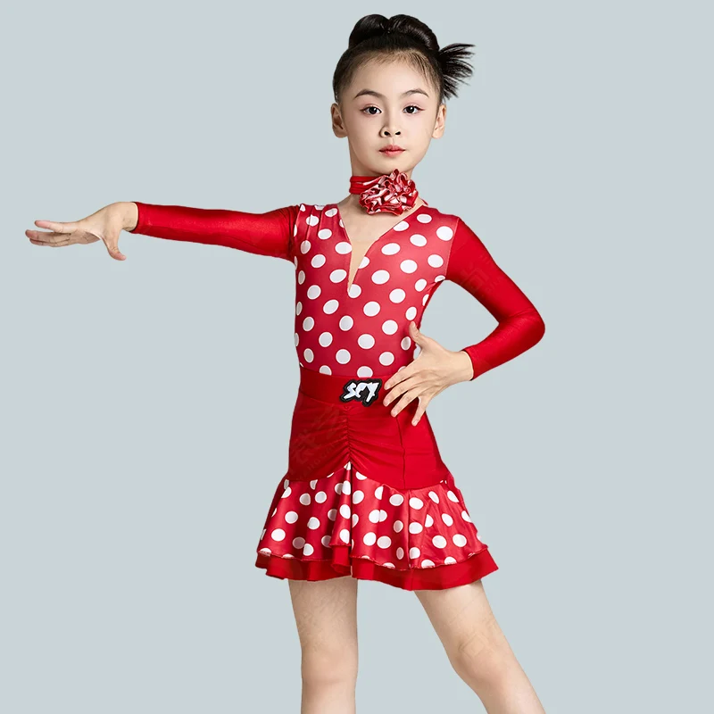 

Red Latin Dance Performance Costume Girls Long Sleeve Practice Dress Polka Dot Top Skirt Set Children Latin Training Suit 4697