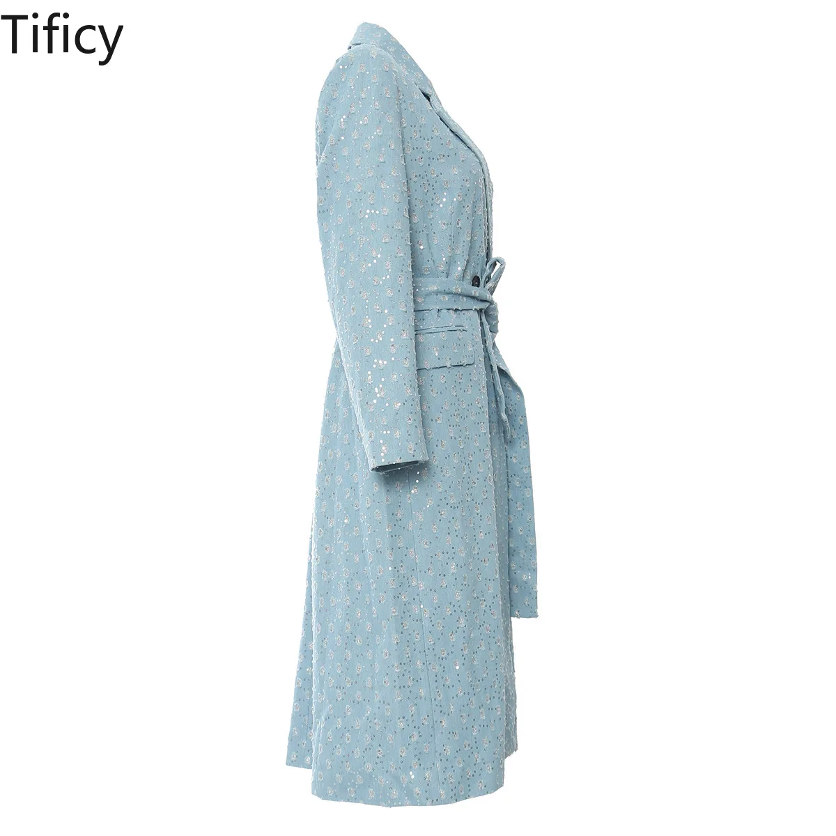 TIFICY Elegant Autumn and Winter New Double Breasted Heavy Duty Beaded Cowboy Long Windcoat Denim Trench Coat with Belt