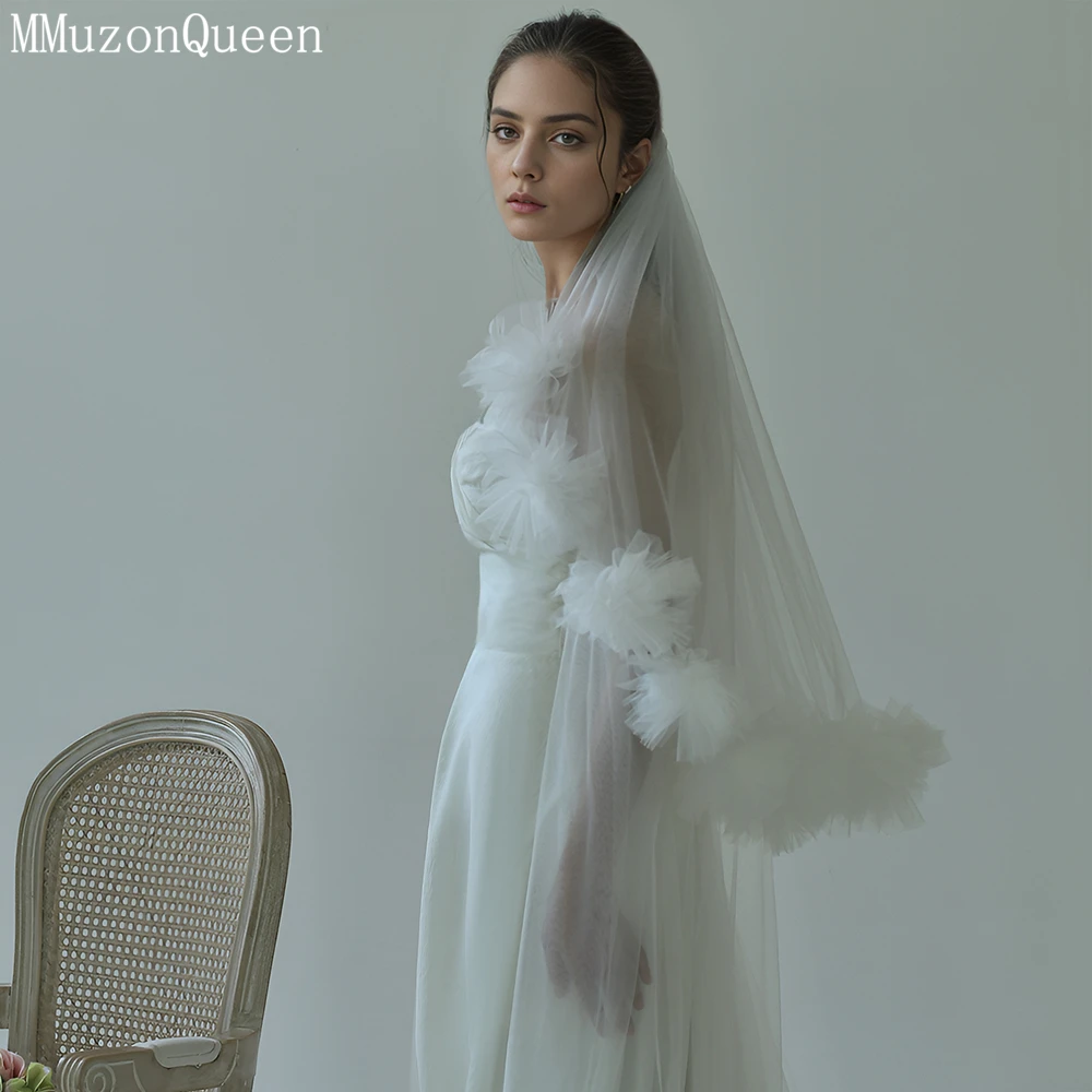 MMQ 3D Flower Bridal Headdress Waltz Wedding Veil Double layered White Tail Wedding Accessories Things for weddings M136 image 5