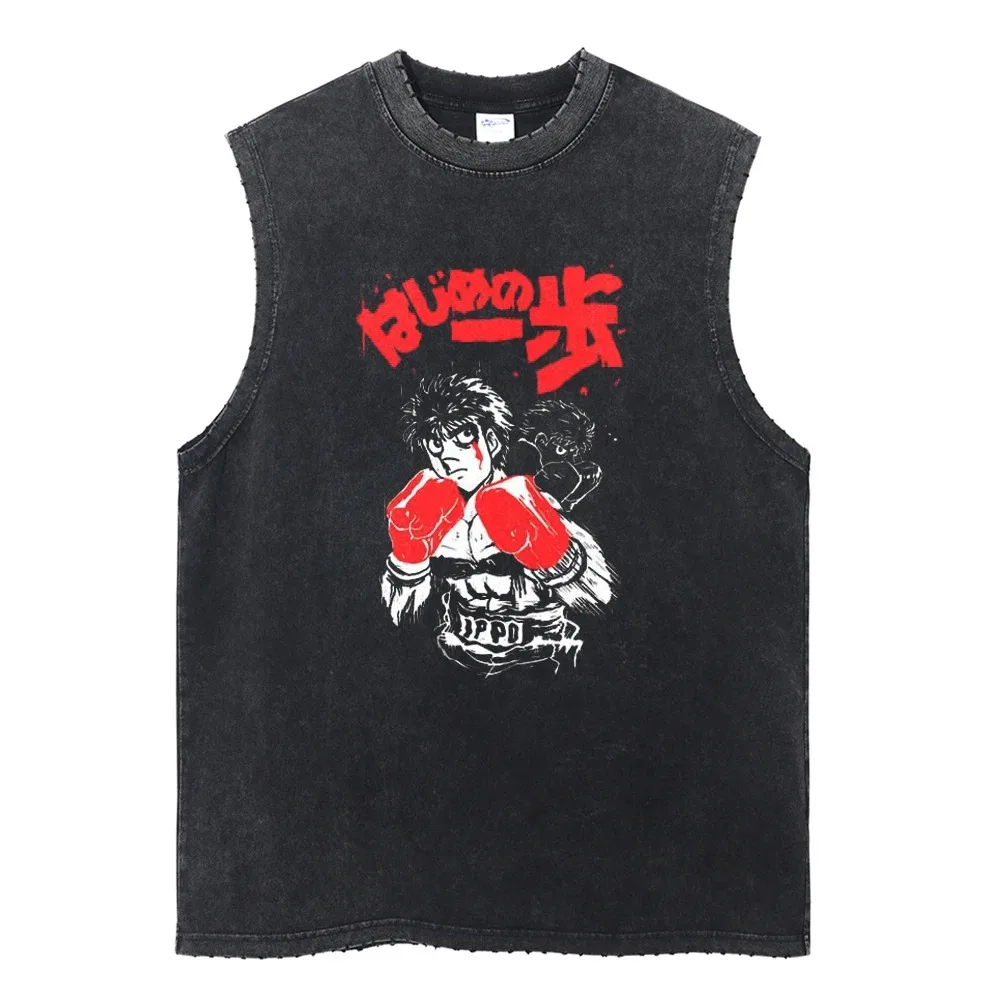 Harajuku Streetwear Washed Anime Print Tank Tops Fashion Ripped Casual Vest Men Summer Sleeveless Cotton Vintage Vest Tee Unisex