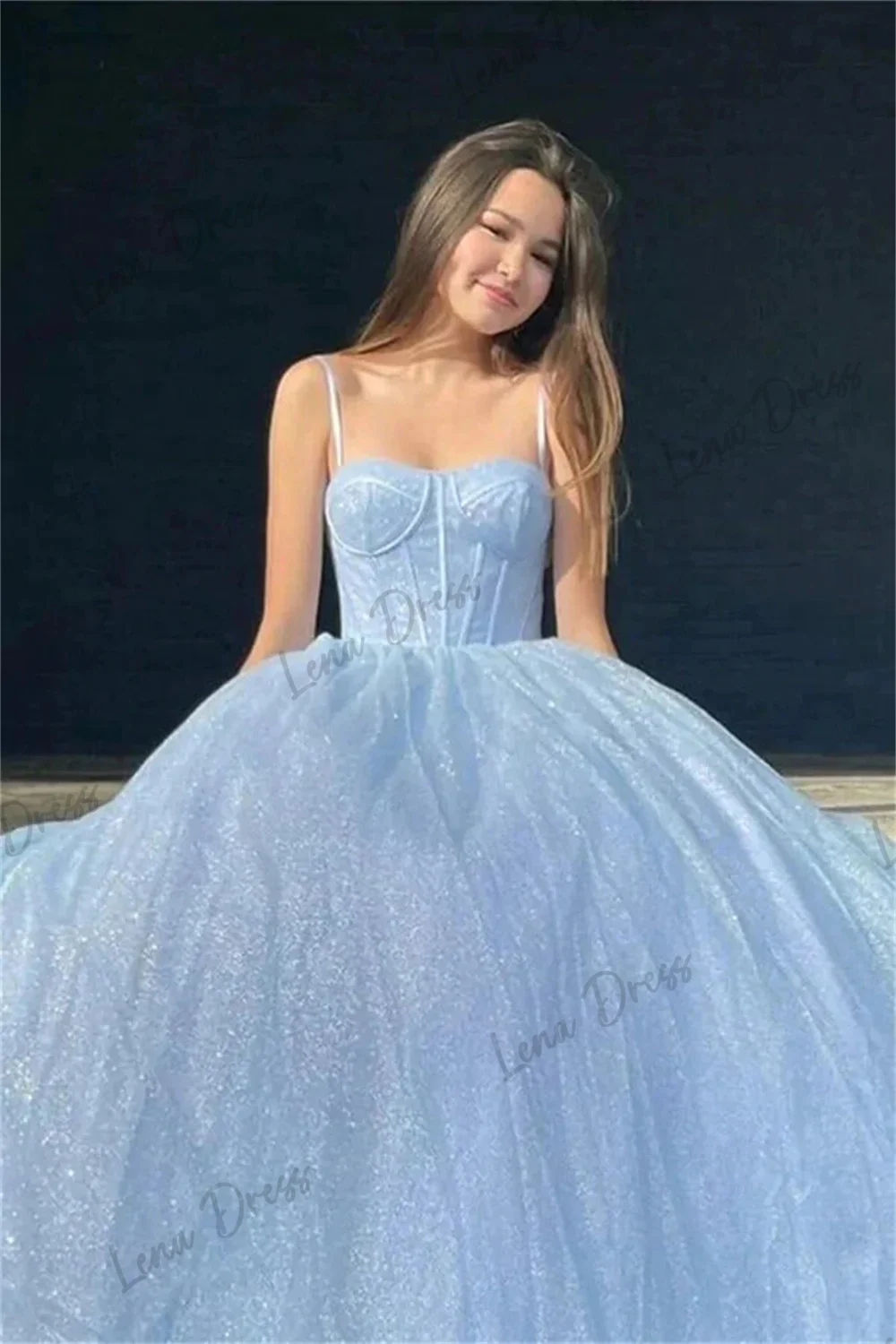 

Lena-Prom Queen Sparkling Light Blue Prom Dress Sparkling Fine Shoulder Straps Vestido De Novia Customized Color Evening Dress