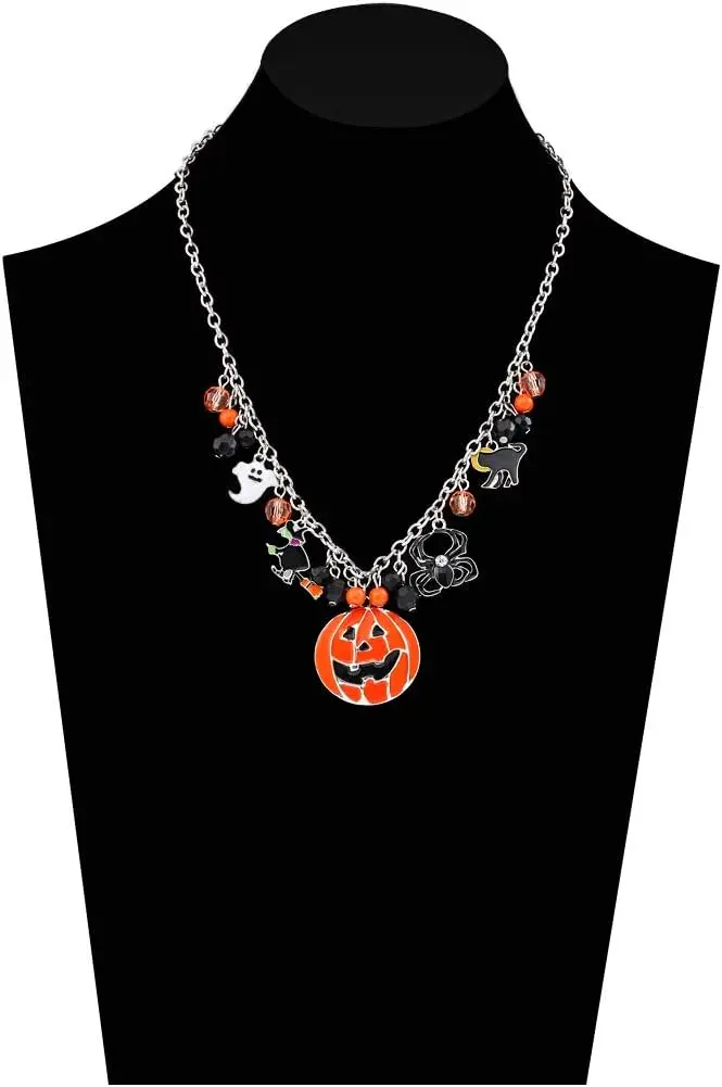 Halloween Black Spider Orange Pumpkin Pendant Necklace Witch Cat CharmsGhost Long Chain Necklaces for Women Girls  Party