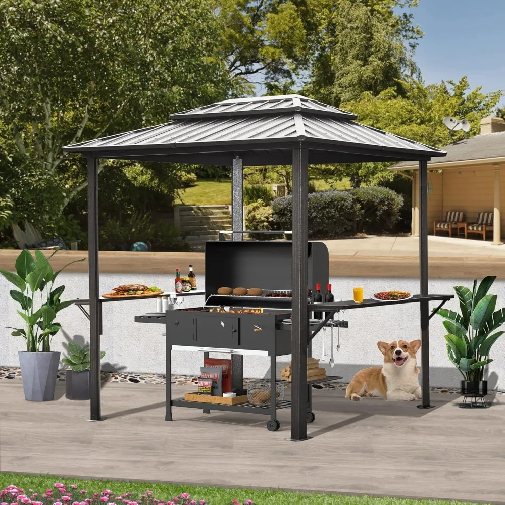 

Domi Grill Gazebo 8' × 6', Outdoor Aluminum Frame BBQ Gazebo with Shelves Serving Tables and Hooks, Permanent Double Roof Gazebo