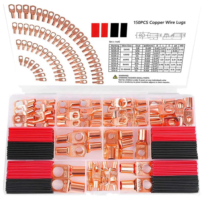 

150Pcs Terminal Connectors,Copper Wire Lugs,Used On AWG12-10 8 6 4 2 Cable,64Pcs Battery Lugs Ends ,86Pcs Shrink Tubing