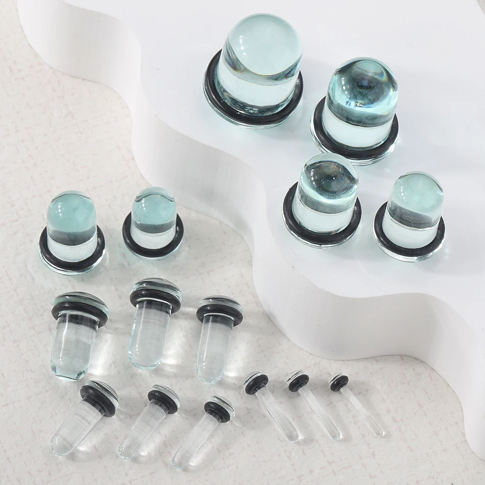 2pcs 1.6-16mm Glass Ear Gauges Stretching Kit Short Taper Expander Ear Tunnels and Plugs with Rubber Rings Piercing Jewelry