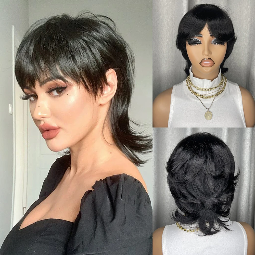 باروكات شعر طبيعي مفرود قصيرة شعر مستعار بقص عابث مصنوع آليًا للنساء شعر برازيلي قبل قطعها شعر مستعار قصير بقص عابث