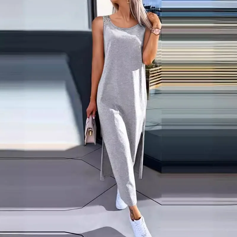 Wydrążona Sukienka Maxi Damska Bez Rękawów z Dekoltem O-neck, Nowa Letnia Dopasowana Sukienka z Rozcięciem, Vestidos Czarna