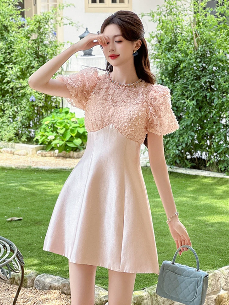 Fashion Elegant Luxury Diamonds Evening Dress Women Clothes Mujer Sweet Puff Sleeve Slim A-Line Short Party Gown Vestidos Fiesta