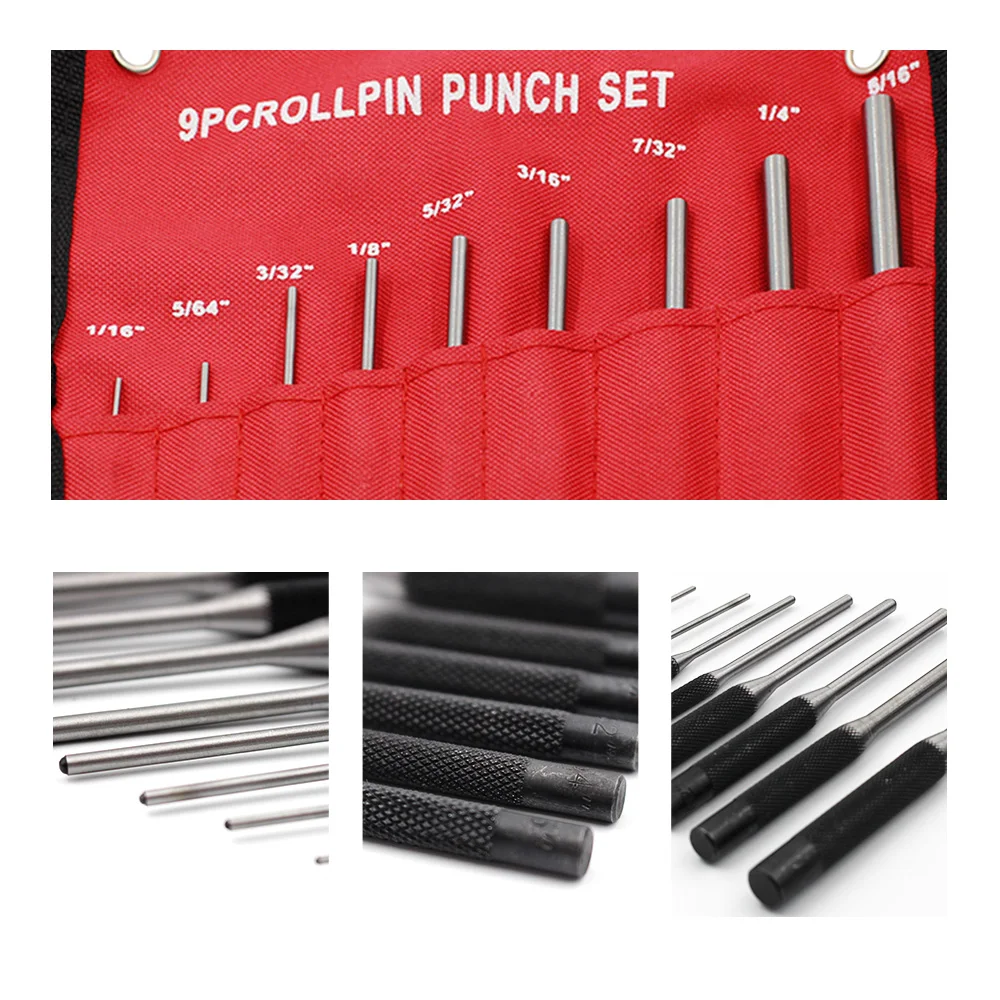 K50 9pcs 40CR Steel Multi Size Round Head Pins Punch Set Grip Roll Pins Punch Tool Professional Hollow End Starter Punch Chisel