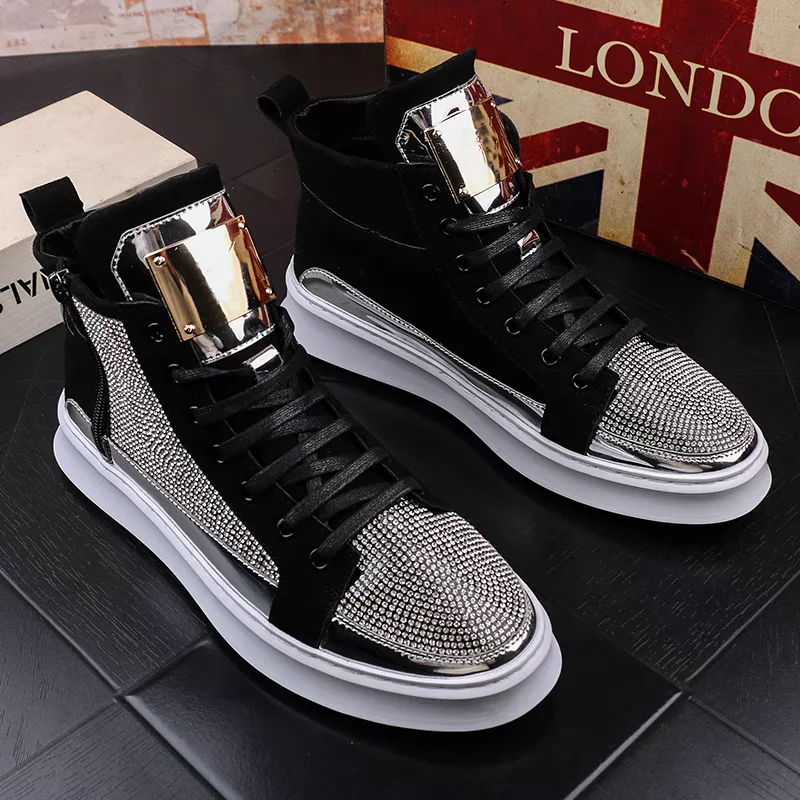 Botas de tornozelo masculinas de luxo tendência esportes sapatos casuais sapatos de alta qualidade juventude strass sapatos casuais