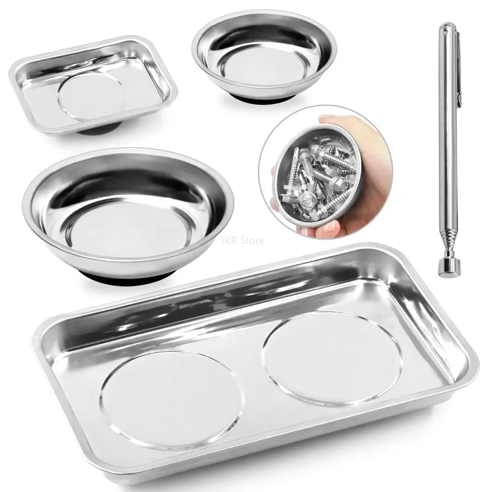 Stainless Steel Magnetic Parts Tray Round Square Bowl for Screws Nuts Bolts Tool Box Garage Repair Organization Use Tool Kit