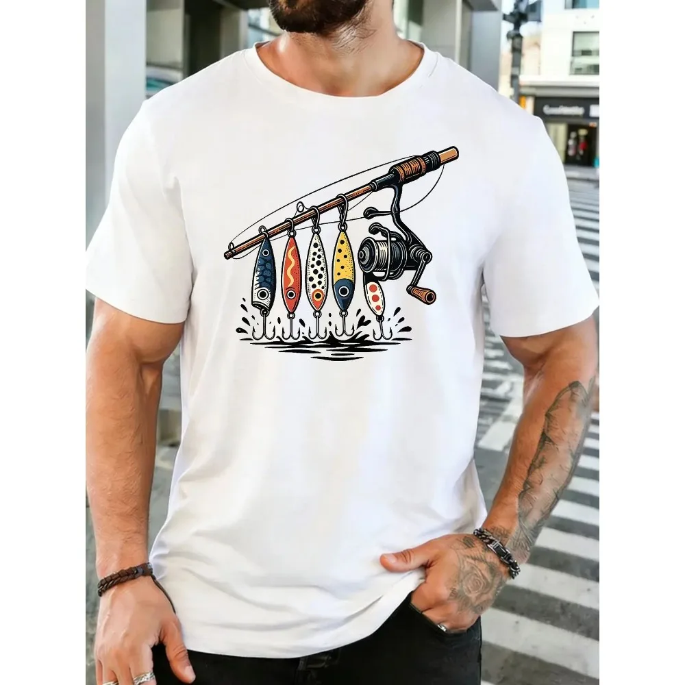 Vintage Fishing Rod Lures Reel Graphic Mens Soft Cotton Short Sleeve Tshirt Loose Outdoor Angler Casual Breathable Fashion Tee