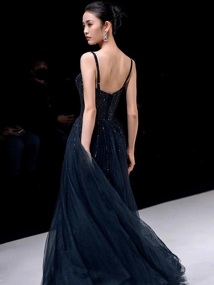 Elegant Princess Navy Blue Sequin Spaghetti Strap Sweetheart Neckline Tulle Formal Dress Women Banquet Graduation Party Wear