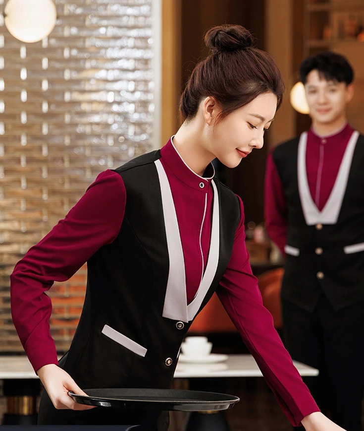 Uniformes de Service alimentaire à manches longues pour hôtel, Restaurant, café, barman, Bar, ensemble d'uniforme de serveur avec tablier, chemise de travail pour Bar