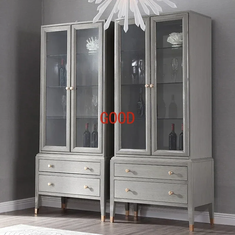 American Light Luxury Solid Wood Wine Cabinet Simple Multilayer Storage High Grade Gray Display Cabinet Made of Glass