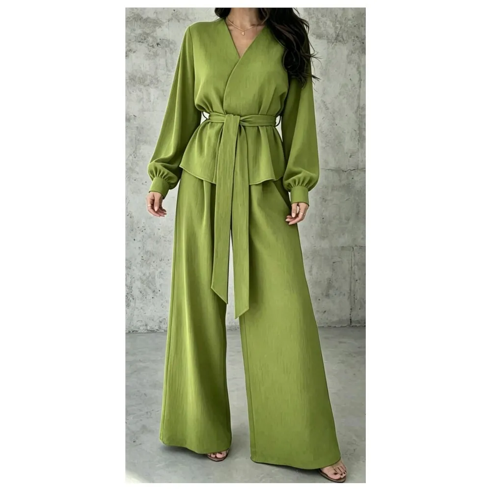 Fall Women's Elegant Wide-leg Long Pants 2piece Set V Neck Waist-cinching Drawstring Long-sleeved Blouse Female Office Pants Set
