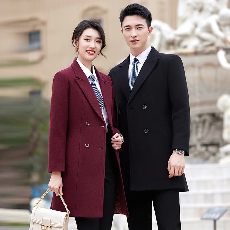 

Men's and women's same black professional suit woolen jacket medium and long 4S hotel front desk woolen coat work clothes winter