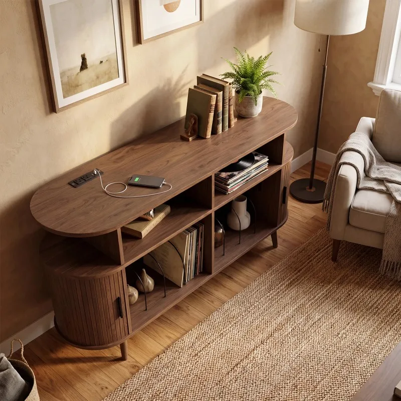 Vinyl Record Storage Cabinet with Charging Station, Media Console with Sliding Doors for Turntable, 35/55in for Living Room