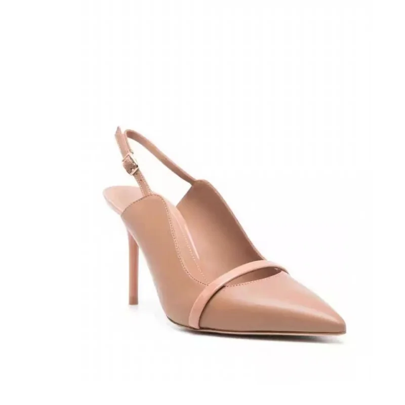 Beige Nude Color Pointed Black Strap High-Heeled Sandals Women Big Size 43 Elegant Shallow Slingback Stiletto Heels Shoes