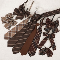 Polyester Silk Pre-Tied Neck Tie Vintage Brown Checkered Striped Necktie JK Girl School Student Uniform Bowknot Bowtie