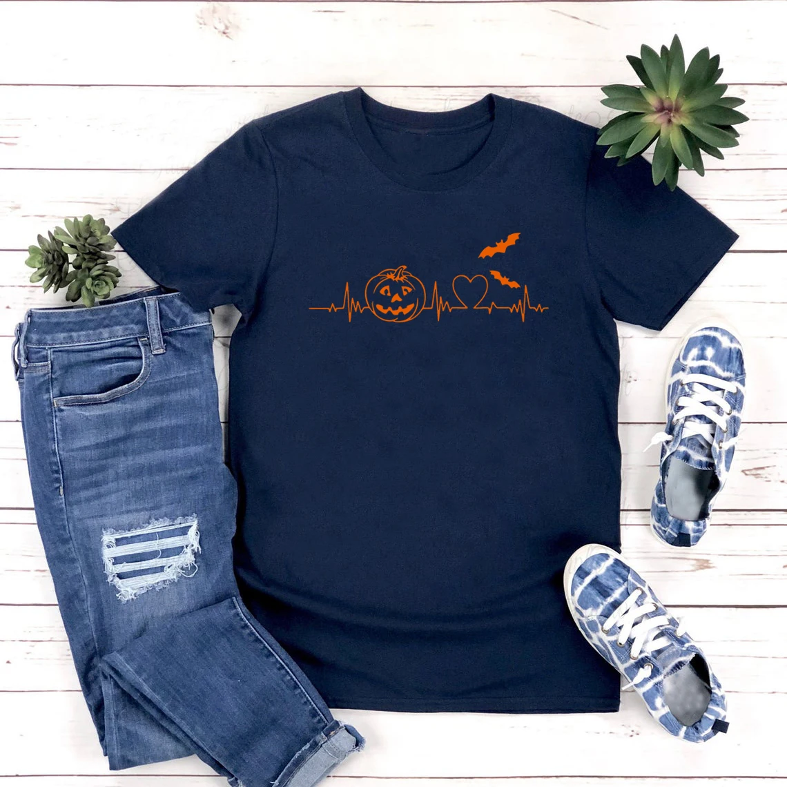 Halloween Pumpkin Heartbeat T-Shirt Funny Fall Gift Tee Spooky Season Graphic Shirt Autumn Pumpkin Lover Top Thanksgiving Tee