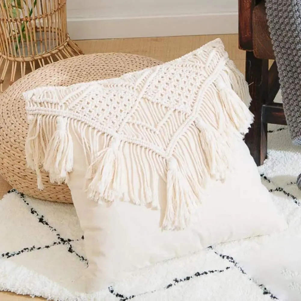 JFLEGAL Boho Pillow Cotton Rope Macrame Hand-woven Tassel Throw Pillow Decorative Cushion for Sofa Bed Chair Home Decor cojines